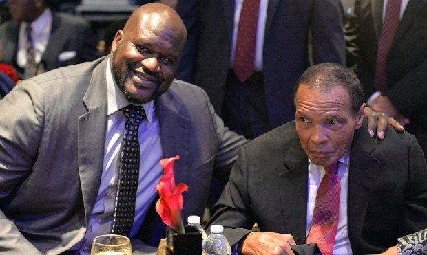Muhammad Ali poses with Shaquille O’Neal at a function in Louisville in October. Photograph: Timothy D. Easley/AP