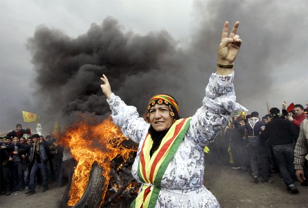 Kurdish woman during pro-kurd demonstration in Ankara, Turkey.