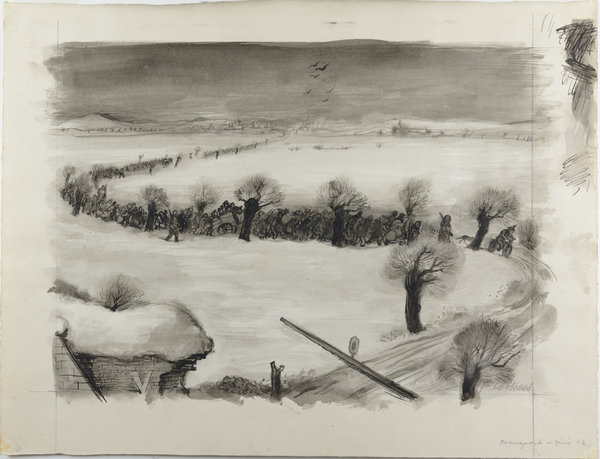 Leo Haas’s “Transport Arrival, Theresienstadt Ghetto” (1942), India ink and wash on paper. Credit Collection of the Yad Vashem Art Museum, Jerusalem. Gift of the Prague Committee for Documentation, courtesy of Ze’ev and Alisa Shek, Caesarea, Israel