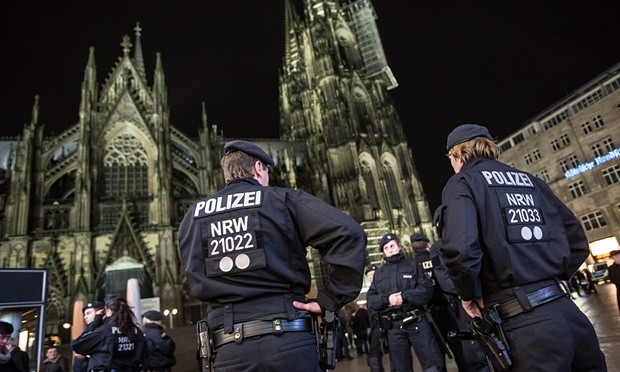 Police presence has been beefed up at Cologne cathedral and central station after the New Year’s Eve assaults on women. Photograph: Maja Hitij/EPA