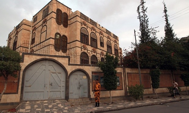 A Yemeni soldier stands guard in front of the Iranian embassy in Sana’a in July. Iran has accused Saudi warplanes of attacking the Iranian embassy. Photograph: Mohammed Huwais/AFP
