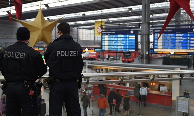 Police officers patrol at the main train station in Munich. Photograph- AFP-Getty Images