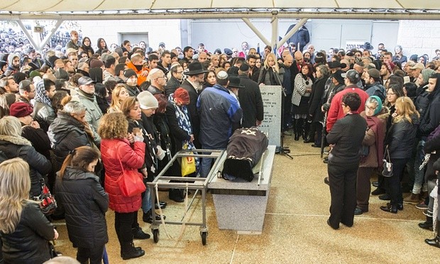 Relatives and friends attend the funeral of Alon Bakal, 26, who was killed in the Tel Aviv shooting. Photograph: Jack Guez/AFP/Getty Images