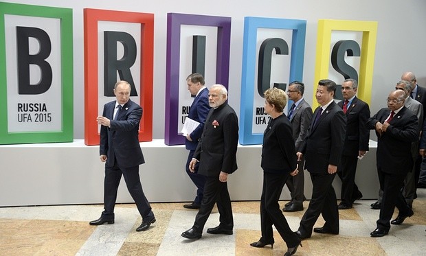 Russia’s Vladimir Putin (L), India’s Narendra Modi (3rd L), Brazil’s Dilma Rousseff (4th L), China’s Xi Jinping (4th R) and South Africa’s Jacob Zuma (R). Photograph: Alexander Nemenov/AFP/Getty Images