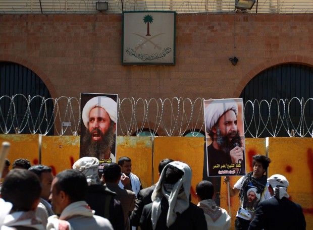 Yemeni protesters demonstrate outside the Saudi embassy in Sanaa against the death sentence of cleric leader Sheikh Nimr al-Nimr Getty-Mohammed Huwais