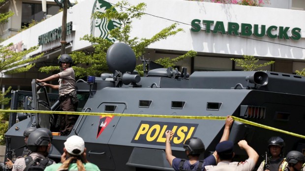 A police armoured personnel carrier is seen parked near the scene of an attack in central Jakarta January 14, 2016. Militants launched a gun and bomb assault in the center of the Indonesian capital on Thursday, killing at least six people, in an attack that followed a threat by Islamic State fighters to put the country in their "spotlight," police said.   REUTERS/Darren Whiteside