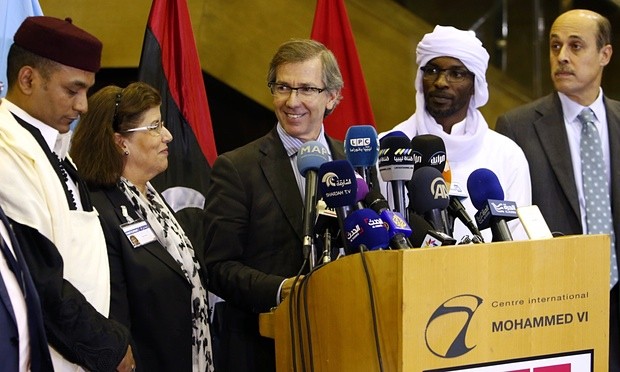 Bernardino Léon, the then UN peace envoy, announcing the formation of a national government for Libya at a press conference in Morocco last year. Photograph: Abdeljalil Bounhar/AP
