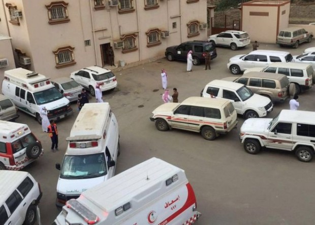 Ambulances gathered outside the building where shooting reportedly took place