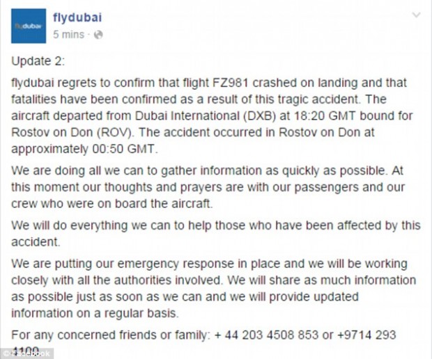 FlyDubai provided the above statement via Facebook around 11:40pm ET confirming that FZ981 crashed on landing