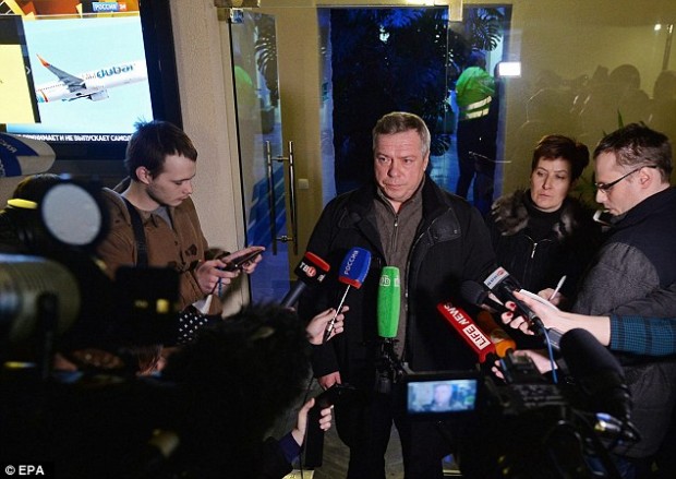 Governor of Rostov region Vasily Golubev (above) talks to the media in a terminal of Rostov-on-Don airport about the plane crash. He was quoted by Russian news agencies as telling local journalists that the plane crashed about 250 meters (800 feet) short of the runway