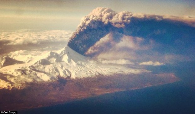 The Pavlof volcano erupting on the Aleutian Islands in Alaska yesterday. The eruption sent plumes of smoke 20,000 feet into the air