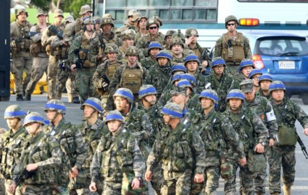 Marines from South Korea (foreground) and the US (background) have been taking part in joint military drills