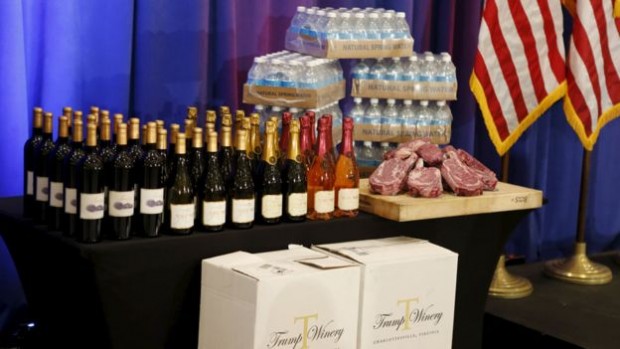 The cases of Trump wine and meat were bizarre props for a victory speech