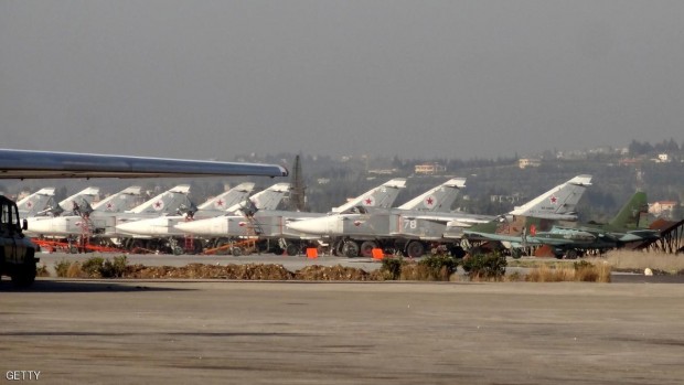A general view shows Russian fighter jets on the tarmac at the Russian Hmeimim military base in Latakia province, in the northwest of Syria.                            AFP / STRINGER        STRINGER/AFP/Getty Images)