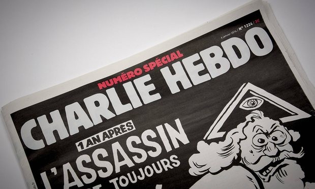  A copy of the special edition of Charlie Hebdo to mark the one-year anniversary of the attack on the magazine. Photograph: Imago/Barcroft Media/Panoramic 