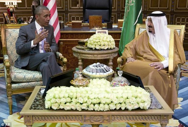 The claims are highly significant as President Obama arrived in Saudi Arabia this morning so he could meet with officials. He is pictured with King Salman, above