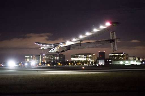 Solar Impulse 2 lands at Moffett Field in Mountain View, Calif., after crossing the Pacific Ocean on Saturday, April 23, 2016. The solar-powered airplane landed in California on Saturday, completing a risky, three-day flight across the Pacific Ocean as part of its journey around the world. (AP Photo/Noah Berger)