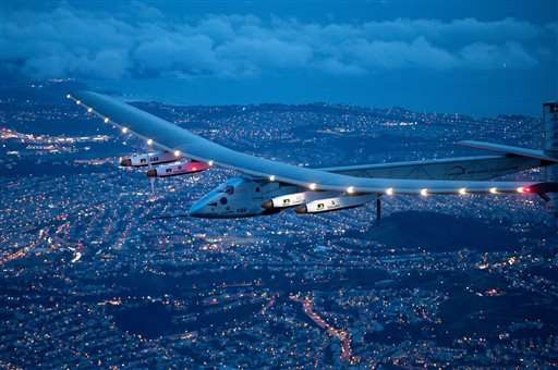 Solar Impulse 2 flies over San Francisco, Saturday, April 23, 2016. The solar-powered airplane, which is attempting to circumnavigate the globe to promote clean energy and the spirit of innovation, arrived from Hawaii after a three-day journey across the Pacific Ocean. (AP Photo/Noah Berger)