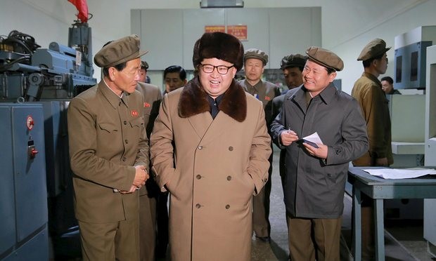 Leader Kim Jong-un smiles during a visit to the Sinhung Machine Plant in Pyongyang. Photograph: KCNA/Reuters