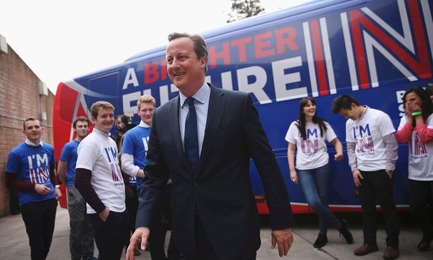 The prime minister joins students at the launch of the ‘Brighter Future In’ campaign bus at Exeter University. Photograph: Dan Kitwood/Reuters