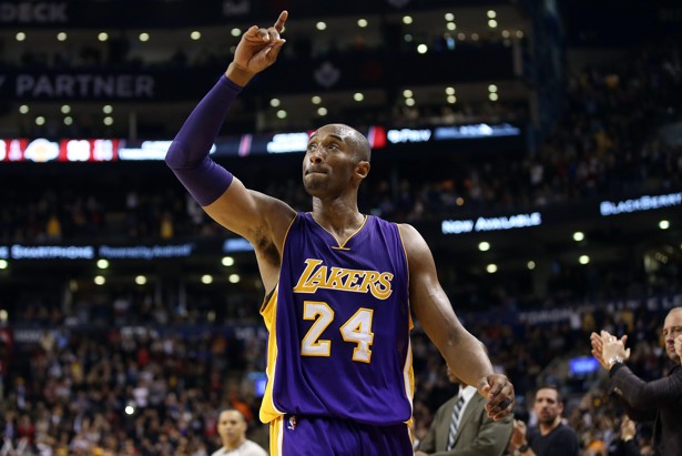 Dec 7, 2015; Toronto, Ontario, CAN; Los Angeles Lakers guard Kobe Bryant (24) salutes the crowd reaction as he exits the game for the last time in Canada against the Toronto Raptors at Air Canada Centre. The Raptors beat the Lakers 102-93. Mandatory Credit: Tom Szczerbowski-USA TODAY Sports - RTX1XNM3