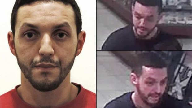 Abrini was captured on CCTV (R) at a service station at Ressons in northern France while driving a car with Paris suspect Salah Abdeslam