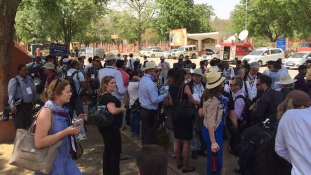 Crowds of journalists gathered outside the Taj Mahal in anticipation of the royal couple's tour