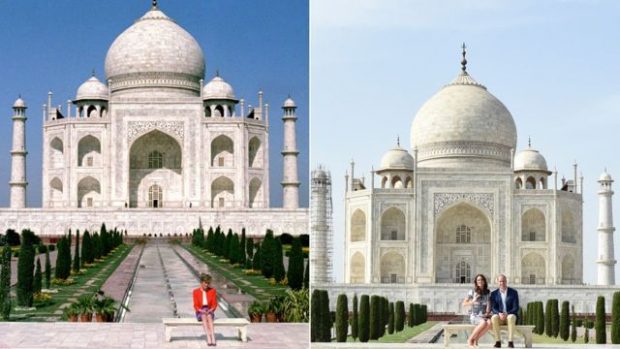 captionDiana, Princess of Wales, and the Duke and Duchess of Cambridge pose on a bench at the Taj Mahal