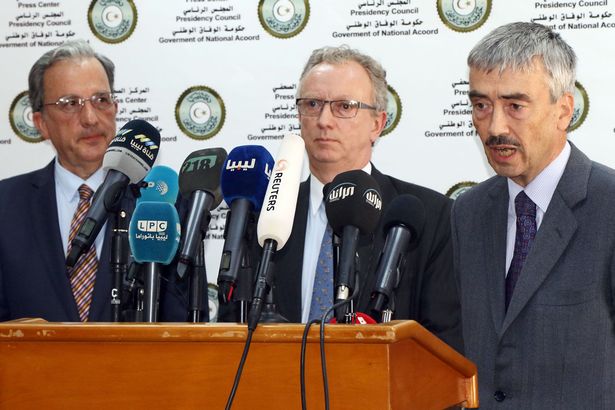 Spanish ambassador Jose Antonio Bordallo, France's Antoine Sivan and Peter Millet of Britain hold a press conference after a meeting with members of the Government of National Accord