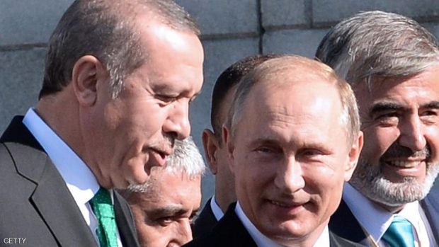 From L: Turkish President Recep Tayyip Erdogan and Russian President Vladimir Putin arrive for the opening ceremony of the Moscow Grand Mosque in Moscow on September 23, 2015. AFP PHOTO / VASILY MAXIMOV        (Photo credit should read VASILY MAXIMOV/AFP/Getty Images)