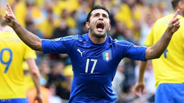 Italy's forward Citadin Martins Eder celebrates after scoring during the Euro 2016 group E football match between Italy and Sweden at the Stadium Municipal in Toulouse on June 17, 2016.  / AFP / VINCENZO PINTO        (Photo credit should read VINCENZO PINTO/AFP/Getty Images)