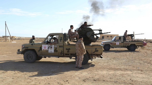 Libyan Army Forces belonging to Libya's rival government, that are part of the Alshorooq (Libya Dawn) operation to free oil ports, are seen on the outskirts of Al Sidra oil port