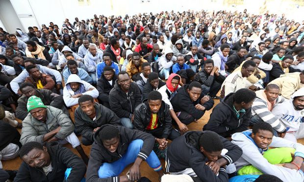 Refugees from sub-Saharan Africa gather at a centre for illegal migrants in Misrata, northern Libya. The country has been a launchpad for many trying to reach Europe. Photograph: Mahmud Turkia/AFP/Getty