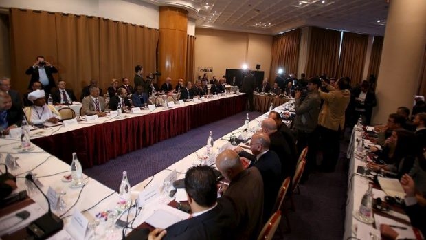 General view of the meeting between Libya's two rival governments in Tunis