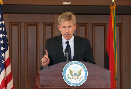 US ambassador to Libya Chris Stevens gives a speech on August 26, 2012 at the US embassy in Tripoli, in which he declared that the consular section will reopen on August 27. The consular section will provide a full range of services, including temporary visas to travel to the United States and services for US citizens who reside in Libya. AFP PHOTO/MAHMUD TURKIA