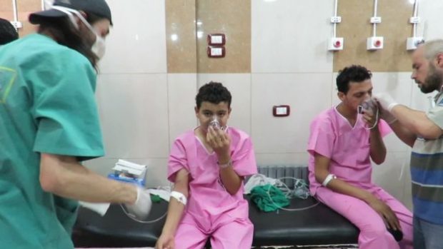 Images taken by the rescuers show civilians with breathing masks in an unidentified local hospital. UGC