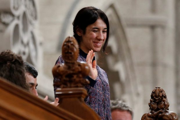 Nadia Murad in Ottawa on Tuesday. She created a global campaign to draw attention to the plight of Yazidis who are being held in sex slavery or remain displaced. Credit Chris Wattie/Reuters