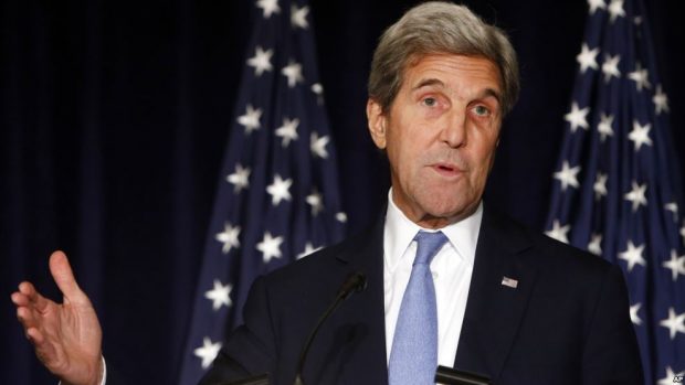 Secretary of State John Kerry speaks in New York. Kerry is threatening to cut off all contacts with Moscow over Syria, unless Russian and Syrian government attacks on Aleppo end.