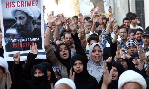 Protesters in Karachi demonstrate against the execution in January of Shia cleric Nimr Baqir al-Nimr. Photograph: Anadolu Agency/Getty Images